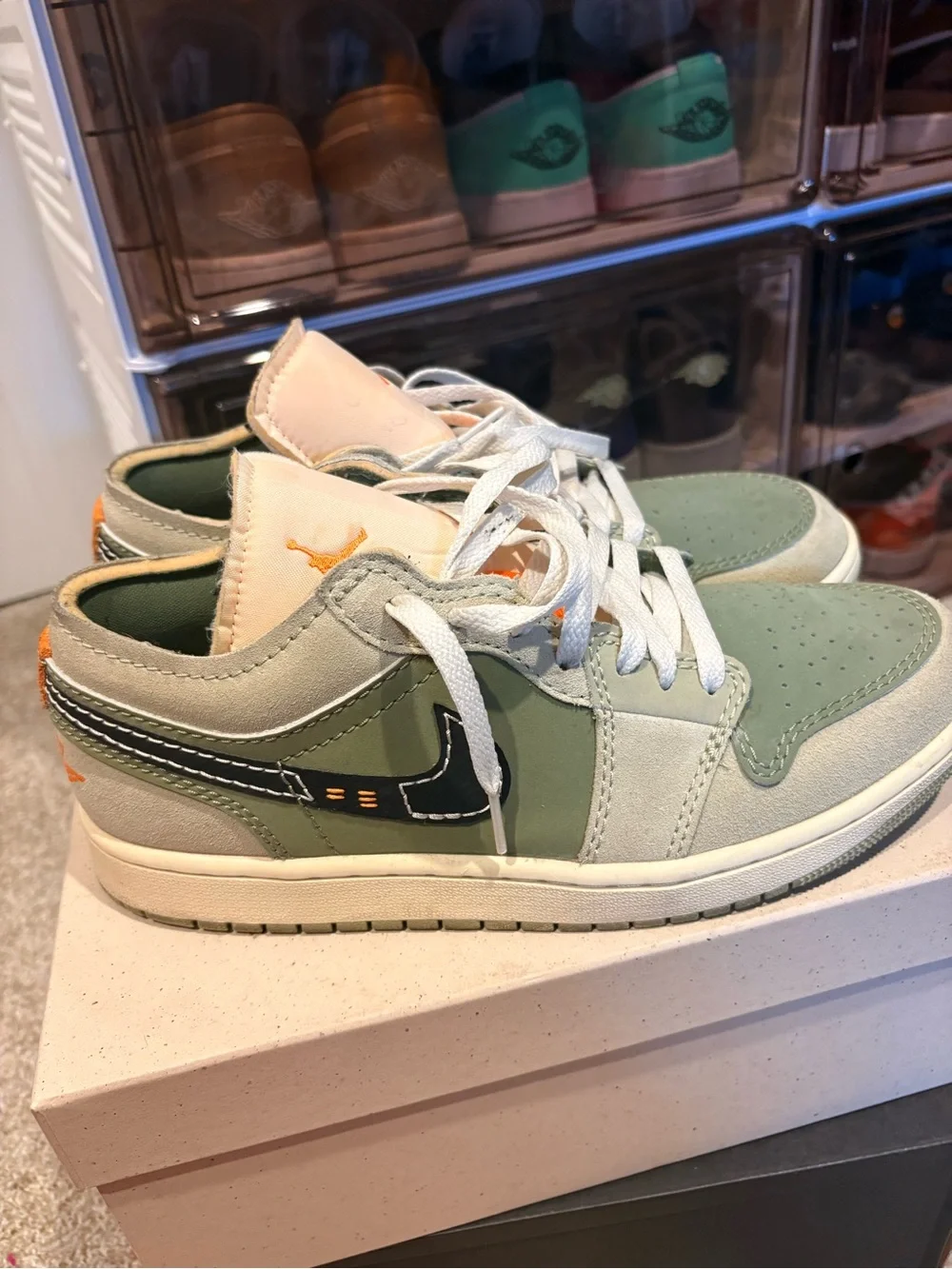 Men’s Jordan 1s Low Sage Green, Orange, Black